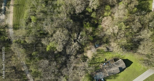 Cinematic flight over small woodland with cozy forest hut and pebble street photo