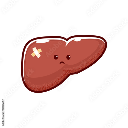 Cartoon sick liver character, injured unhealthy human organ, isolated vector. Sad liver with medical patch, hepatic disease or unhealthy illness and infection, hepatitis or cirrhosis of liver photo