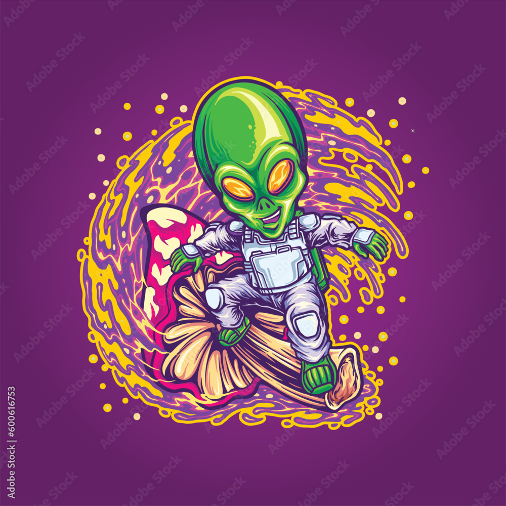 Alien spaceman surfing on space with trippy mushroom vector illustrations for your work logo, merchandise t-shirt, stickers and label designs, poster, greeting cards advertising business company 