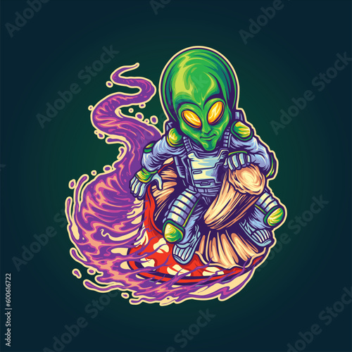 Astronaut alien rush on space with magic mushroom logo vector illustrations for your work logo, merchandise t-shirt, stickers and label designs, poster, greeting cards advertising business company or  photo