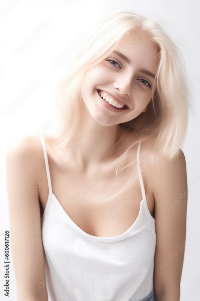 A stunning European American girl with flowing blond hair, smiling directly at the camera in bright studio lighting against a white background. A stunning European American girl with flowing blond hair, smiling directly at the camera in bright studio lighting against a white background.