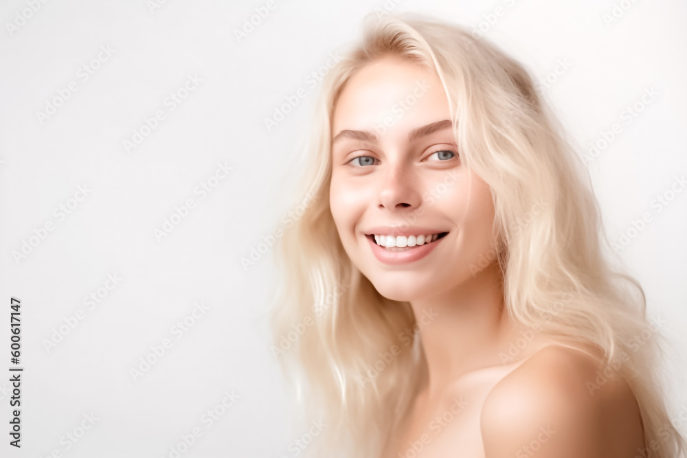 A stunning European American girl with flowing blond hair, smiling directly at the camera in bright studio lighting against a white background. A stunning European American girl with flowing blond hair, smiling directly at the camera in bright studio lighting against a white background.