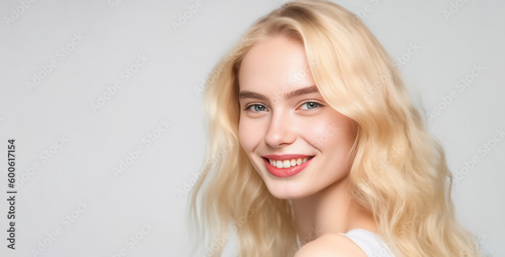 A stunning European American girl with flowing blond hair, smiling directly at the camera in bright studio lighting against a white background. A stunning European American girl with flowing blond hair, smiling directly at the camera in bright studio lighting against a white background.
