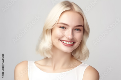 A stunning European American girl with flowing blond hair  smiling directly at the camera in bright studio lighting against a white background.