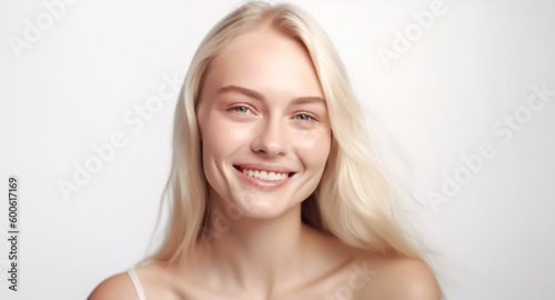 A stunning European American girl with flowing blond hair  smiling directly at the camera in bright studio lighting against a white background.