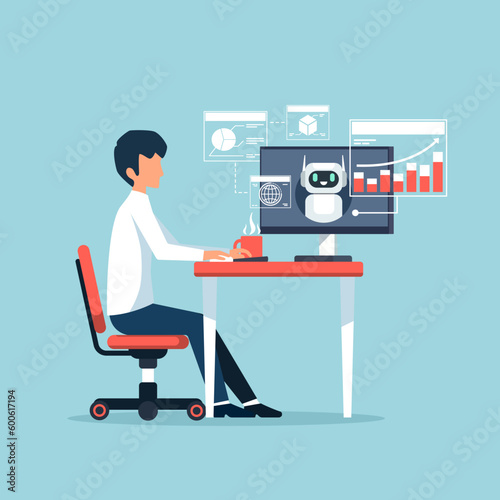 Businessman working with chatbot assistant on computer. Artificial intelligence help service for management business data. Chat bot by ai. Vector illustration flat design for banner, and background.