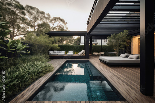  a lavish side outside garden at morning  with a teak hardwood deck and a black pergola. Scene in the evening with couches and lounge chairs by the pool  generative AI