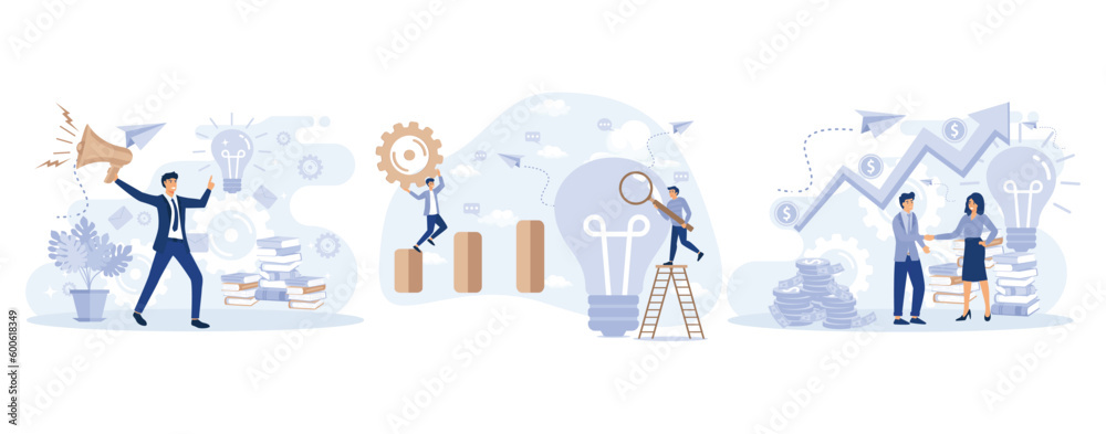 Bright Flyer Creative Thinking for Finding Ideas, Launch Startup business Development process, Partnership, venture investment concept, set flat vector modern illustration  