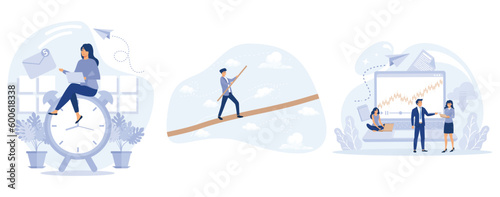 Successful work done on time effective planning for productive work, Conquering Adversity Problem, Learning Men Around Big Laptop with Graphs. E-learning, set flat vector modern illustration