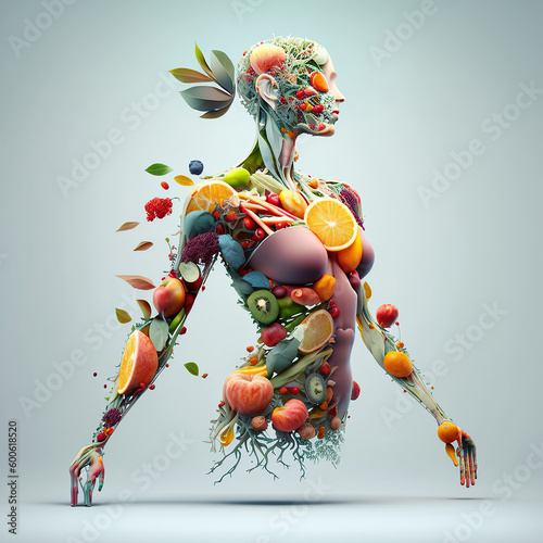 Ai generated illustration abstract women with vegetables and fruit. Vegan lifestyle concept, Healthy food fitness