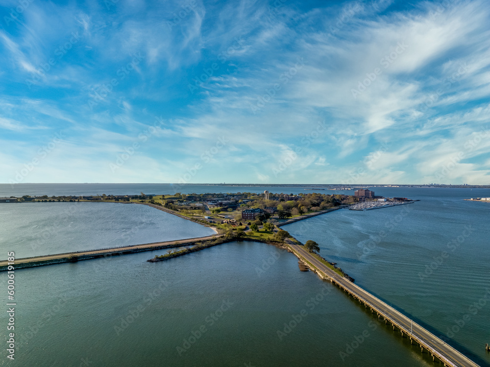 Aerial view of Fort Monroe star shaped military fort protecting Norfolk surrounded with a water filled moat and a causeway 