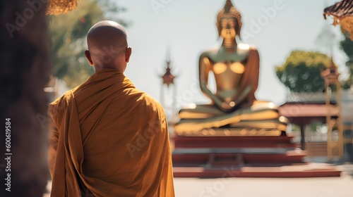 A monk standing praying in front of a golden Buddha, Generative Ai