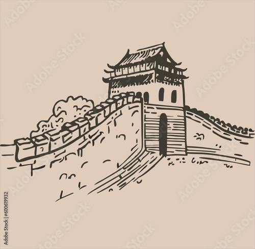 great wall of china doodle hand drawn, linear style