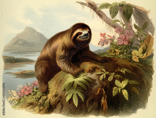 A Naturalist Illustration of a Sloth | Generative AI photo