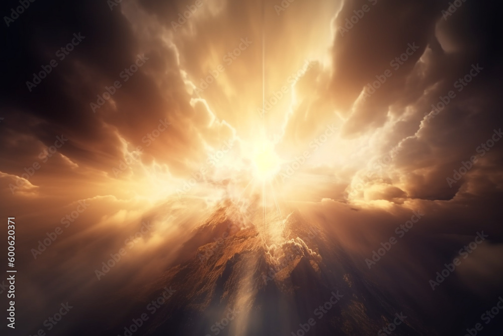 Religion and sacral concept. Abstract visualization of God light in clouds visualization. Generative AI