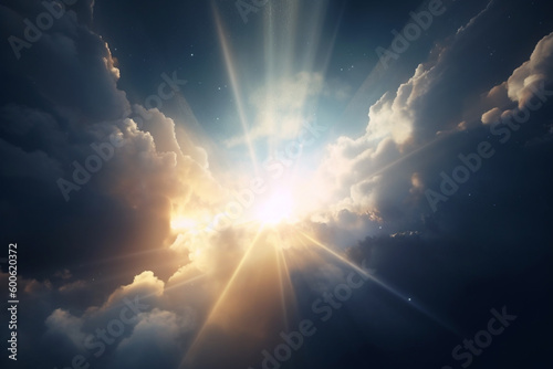 Religion and sacral concept. Abstract visualization of God light in clouds visualization. Generative AI © Rytis