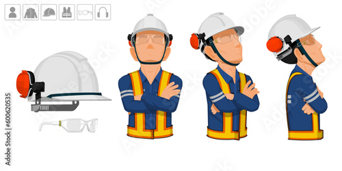 worker with helmet and earmuffs no use on white background