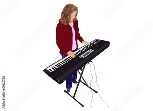 Keyboard player in a burgundy jacket and magenta pants with a soloist