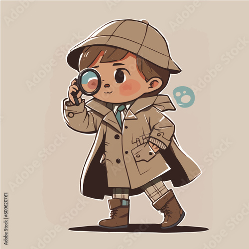 little Detective with a trench coat, magnifying glass, and a curious, inquisitive expression simple, cartoon, children book style, comic, flat character, artistic, Illustrator
