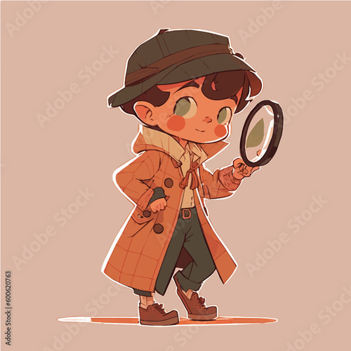 little Detective with a trench coat, magnifying glass, and a curious, inquisitive expression simple, cartoon, children book style, comic, flat character, artistic, Illustrator

