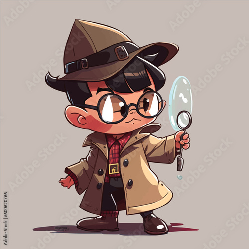 little Detective with a trench coat, magnifying glass, and a curious, inquisitive expression simple, cartoon, children book style, comic, flat character, artistic, Illustrator
