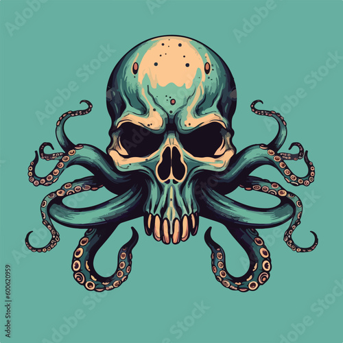 skull head octopus tentacle vintage badge logo vector illustration