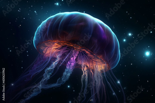 Nature concept. Colorful jellyfish floating in space or dark water. Generative AI © Rytis