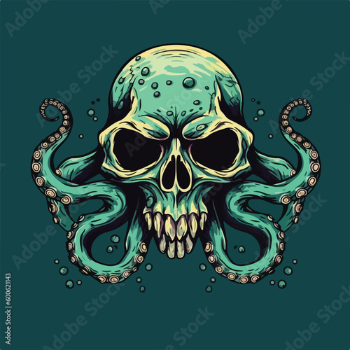 skull head octopus tentacle vintage badge logo vector illustration