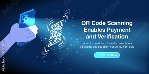QR code scanning enables payment and verification. Scan QR codes with a mobile smartphone by hand. Scan QR Code for website landing page. Vector.