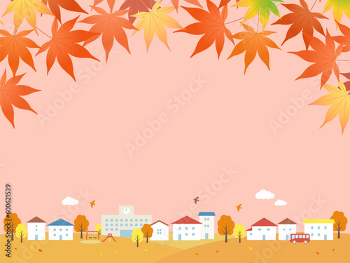 秋の街並みと紅葉の背景フレーム_ベクターイラスト