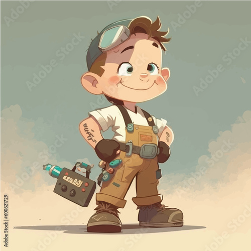 little Mechanic with a tool belt, wrench, and a focused, determined attitude simple, cartoon, children book style, comic, flat character, artistic, Illustrator
