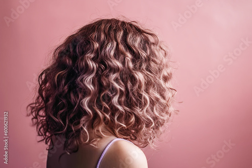 Unrecognizable woman with curly hair over pink background, hair care and styling, generative ai