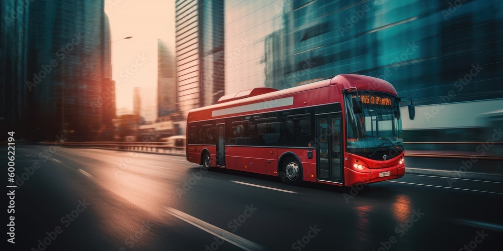 Bus driving on the road with cityscape motion blur background. Traveling and transportation. Generative Ai