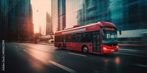 Bus driving on the road with cityscape motion blur background. Traveling and transportation. Generative Ai