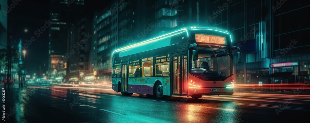 Bus driving on the road at night with glowing neon lights motion blur background. Generative Ai