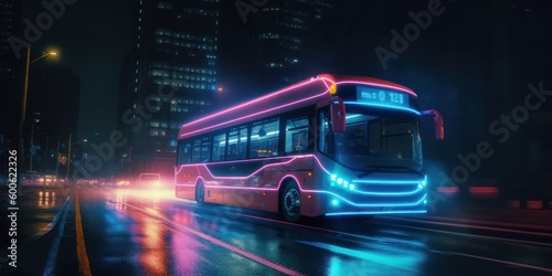 Bus driving on the road at night with glowing neon lights motion blur background. Generative Ai