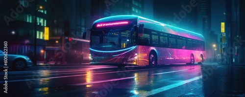 Bus driving on the road at night with glowing neon lights motion blur background. Generative Ai