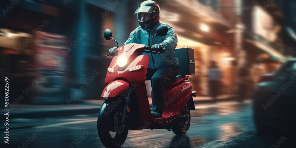 Delivery man ride scooter motorcycle with motion blur cityscape background. Generative AI Delivery man ride scooter motorcycle with motion blur cityscape background. Generative AI