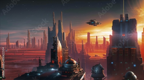 Martian city at sunset, sci-fi illustration
