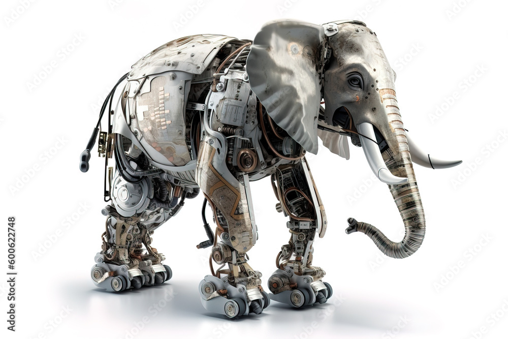 Image of an elephant modified into a electronics robot on a white background. Wild animal. illustration, generative AI.