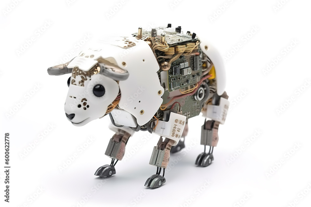 Image of a sheep modified into a robot on a white background. Wild animal. Illustration, Generative AI.