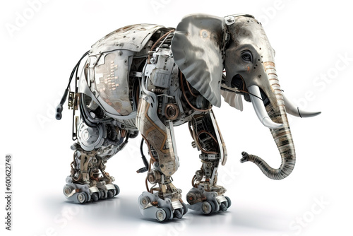 Image of an elephant modified into a electronics robot on a white background. Wild animal. illustration, generative AI.