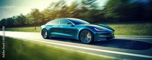 Electric Car driving on the road with green nature and blue sky motion blur background. Generative AI