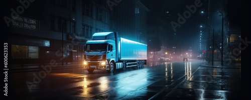 Truck with cargo driving on the road at night with neon lights and cityscape motion blur background. Generative AI