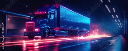 Truck with cargo driving on the road at night with neon lights and cityscape motion blur background. Generative AI