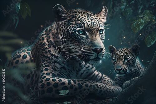 leopard in the forest with her cub