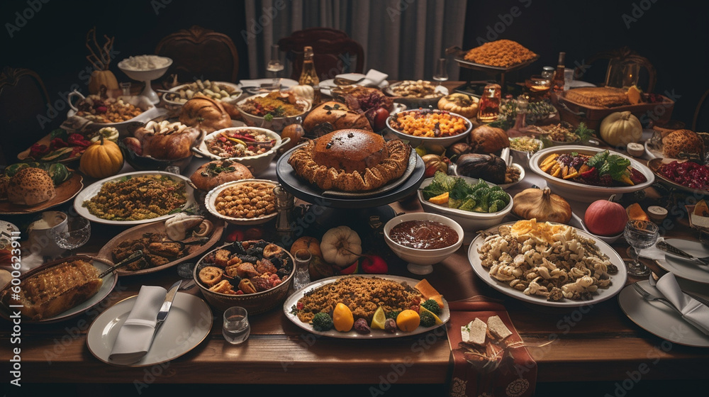Generative Ai image of a table full of Thanksgiving day food, Stock ...