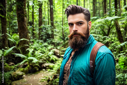 Man with Hipster Beard Wearing Green Shirt Outside in Forest Woods  Background Wallpaper Generative AI illustration © Porscifant Art