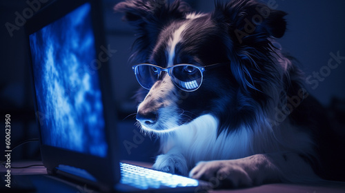Foto Generative Ai image of a border collie looking at a laptop