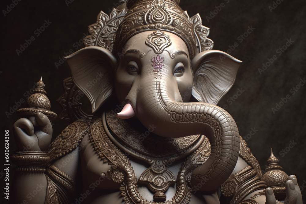 Fototapeta premium Religion and culture concept. Beautiful Hindu god Ganesha with elephant head sculpture. Generative AI